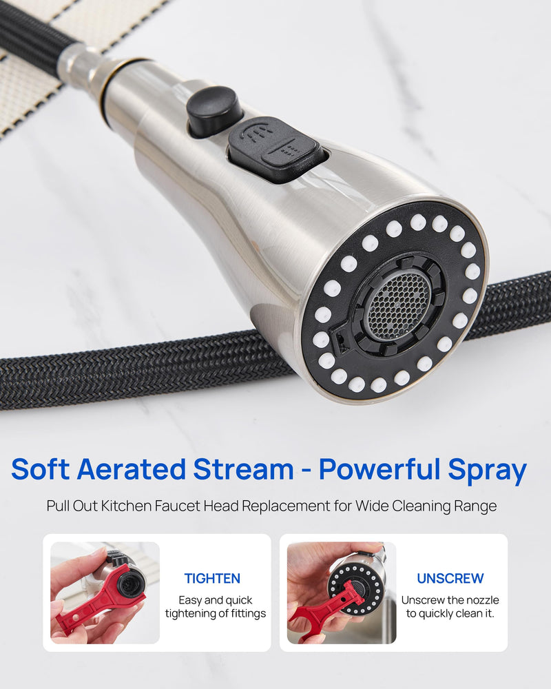 Metal Kitchen Faucet Head Replacement – 3 Mode High-Pressure Sink Sprayer Replacement with 15 Nozzle Adapters, Durable Pull Down Spray Head for Kitchen Sink (Stream/Spray/Blade), Stainless Steel Brushed Nickel