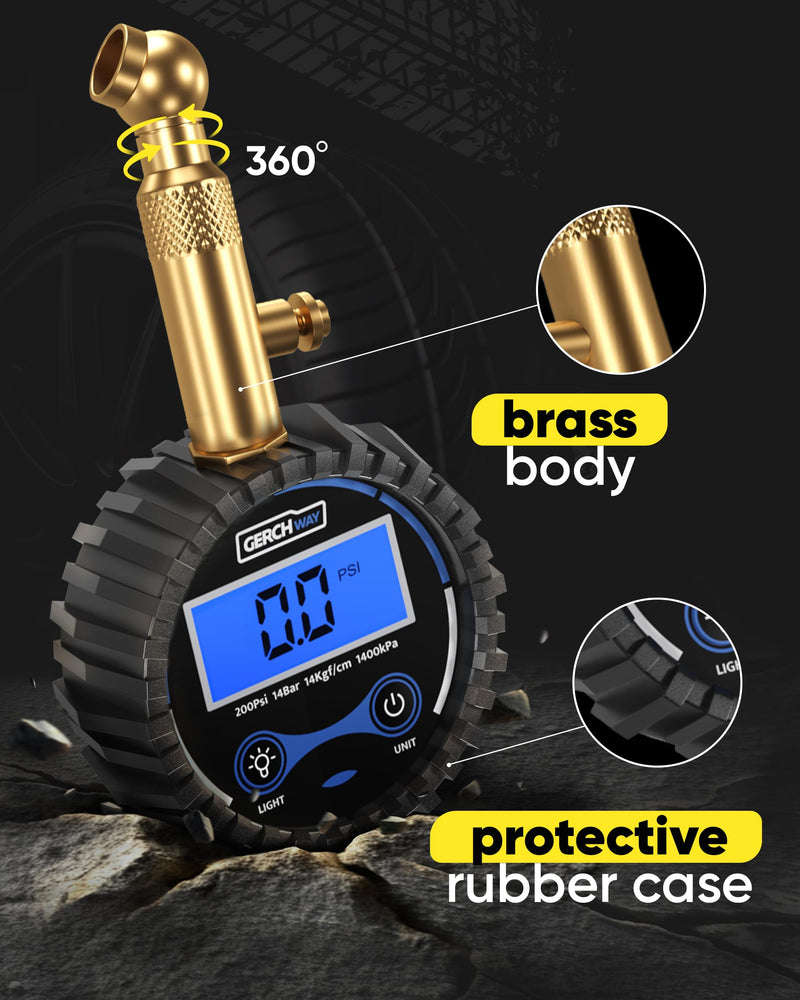 Digital Tire Pressure Gauge for Cars - Accurate Air Pressure Gauge for Tires with 360° Swivel Chuck - 200 PSI 200 PSI Digital