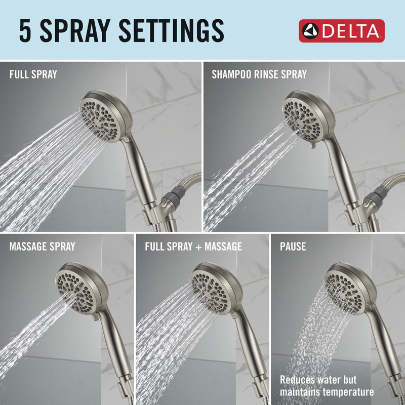 Delta Faucet 5-Setting Handheld Shower Head, Brushed Nickel Shower Head with Hose, Showerheads & Handheld Showers, Handheld Shower Heads, Detachable Shower Head 1.75 GPM, Brushed Nickel 75511SN Stainless