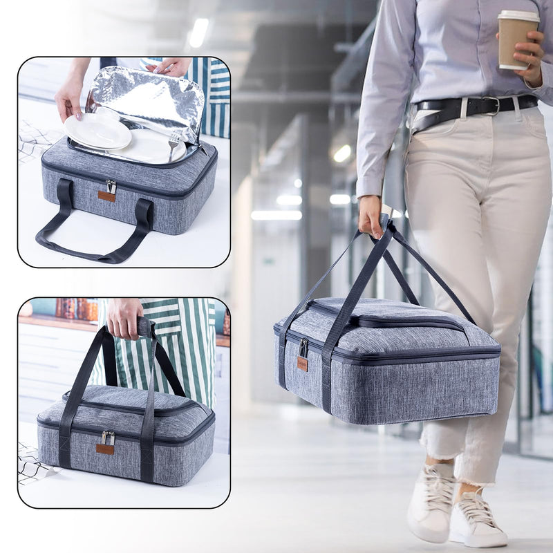 BAGSPRITE Insulated Casserole Carrier for Hot or Cold Food with Heat-resistant Mat, Casserole Dish Carrier Insulated Food Carrier, Hot Food Carrier, Foil Pan Carrier Fits 9" x 13" Baking Dish Grey Style A