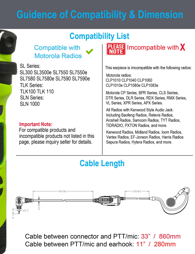commountain SL300 SL3500e Earpiece with Mic Compatible for Motorola Radios TLK 100 TLK 110 SL7550 SL7550e SL7580 SL7580e SL7590 SL7590e SLN 1000, TLK100 TLK110 SLN1000 SL Series G Earhook Headset