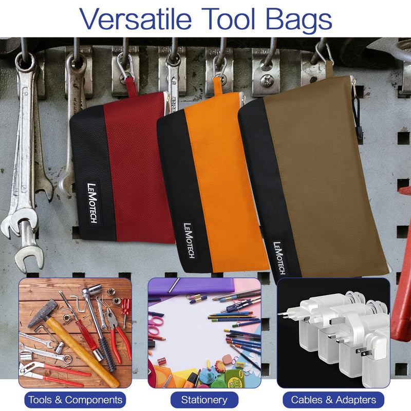 LeMotech Zipper Tool Bag with Carabiners, Water Resistant Stand-Up Utility Pouch Heavy Duty 1680D Oxford, Multipurpose Storage Pouch, 9 Pack 9 Pack Combo