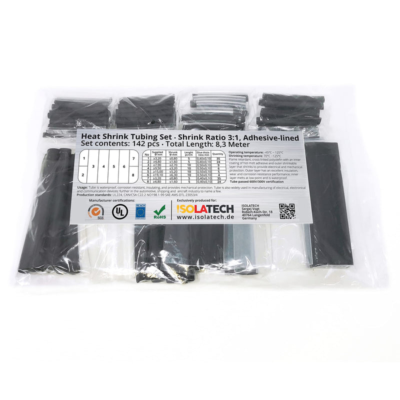 142 pieces 3:1 with adhesive transparent-black shrink tube assortment unlabelled. Set total length of 8.3m in plastic bag. Hot glue layer on the inside waterproof ISOLATECH