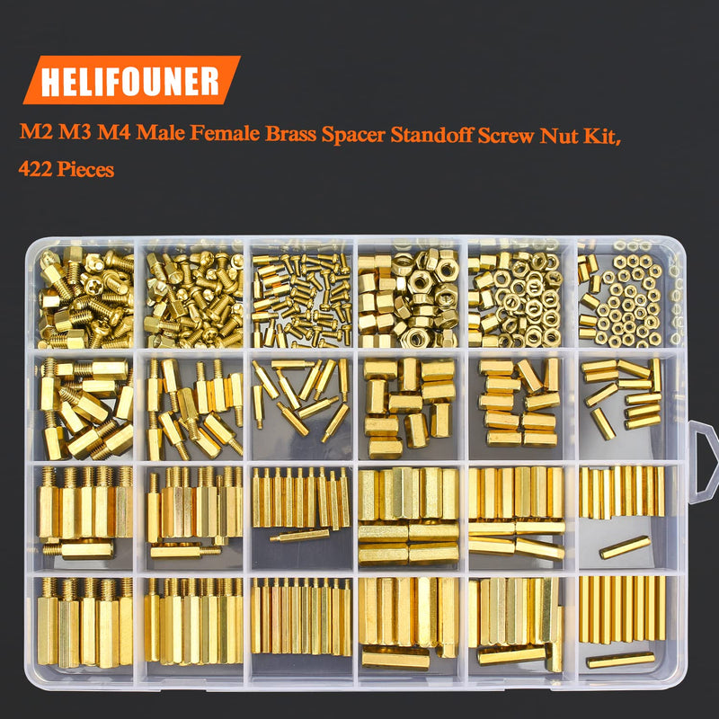 HELIFOUNER 422 Pieces M2 M3 M4 Male Female Hex Brass Spacers Standoffs Screws Nuts Assortment Kit, Threaded Pillar for Printed Circuit Board Motherboard M2 M3 M4 Brass Standoff Set