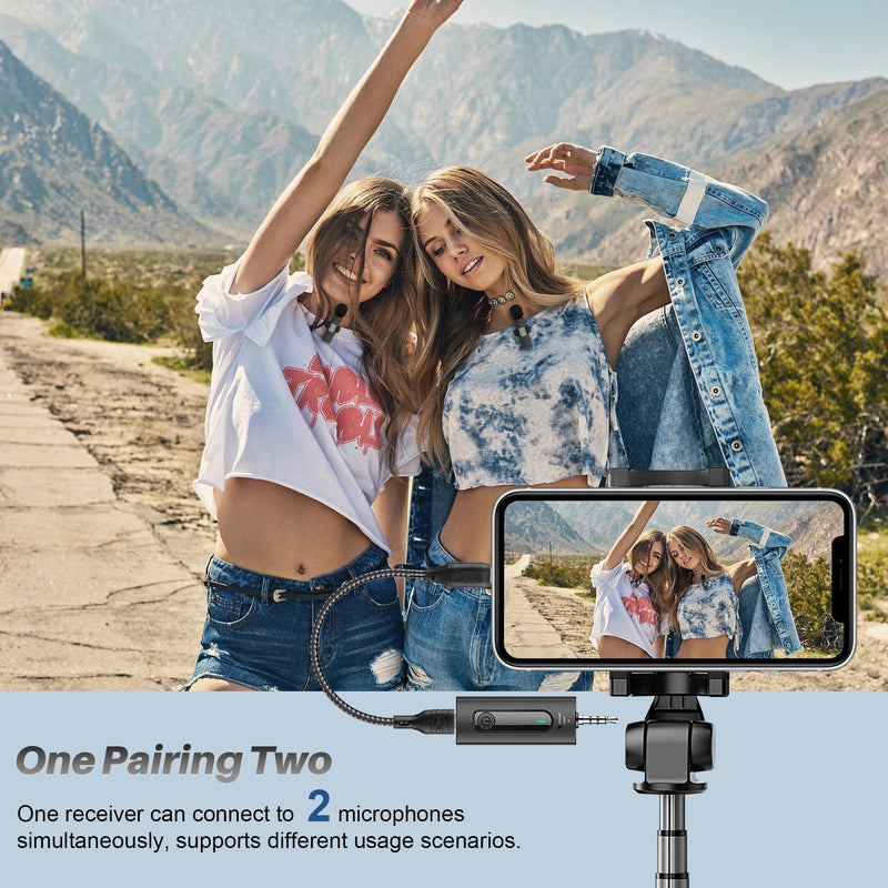 4 in 1 Professional Wireless Lavalier Microphone - 2 Pack Mini Microphone for iPhone Android Camera, Noise Reduction Lapel Mic Ultra Low Delay for Video Recording, YouTube, Interview, Tiktok and Vlog Black