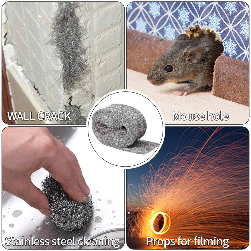 4 rolls of mice 000 steel wool, 16 m, effective steel wool against mice, holes, wall, cracks, rodent stop, mouse repellent, steel wool for home, garage and garden.