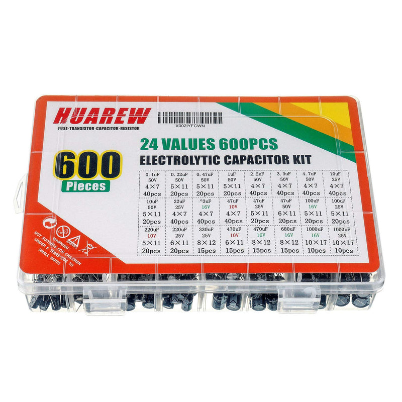 HUAREW 24 Values 600pcs 0.1uF to 1000uF MFD 10 16 25 50V Volt Aluminum Electrolytic Capacitor Classification Kit