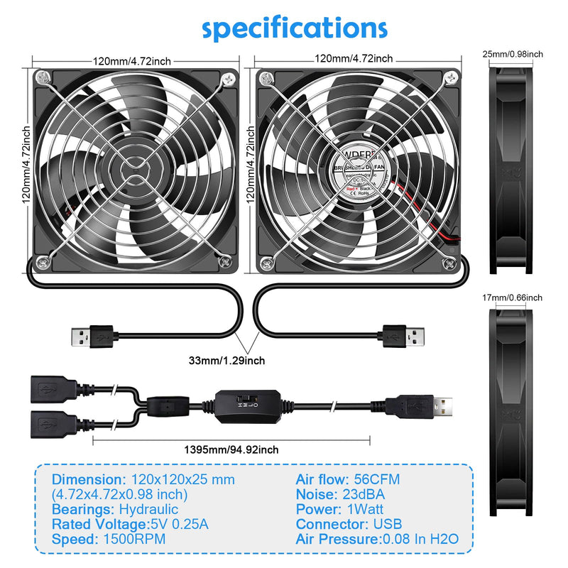 120mm Computer Case 5V USB Powered Fan, Small Silent Flat Cooler with Speed Controller for Receiver/Router/Electronic Equipment（2-in-1 Pack） 2 in 1-12025-USB