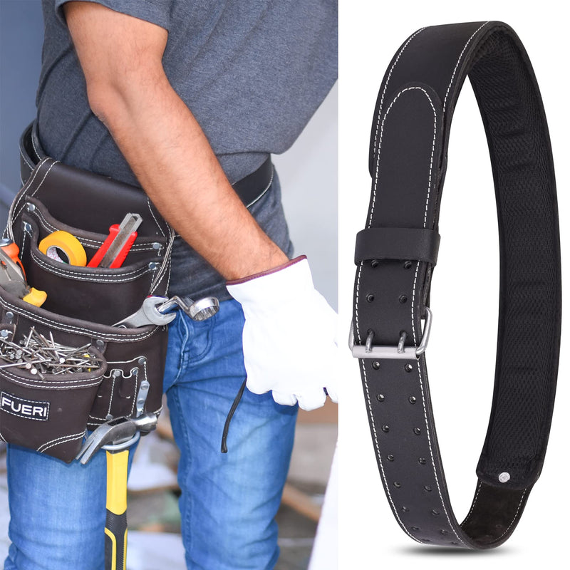 FUERI Premium Leather Work Belt | Adjustable Tools Work Belt for Suspender and Pouches with Padding Covered with Mesh for Carpenter, Electrician, Framer, Mechanic (Black) Black