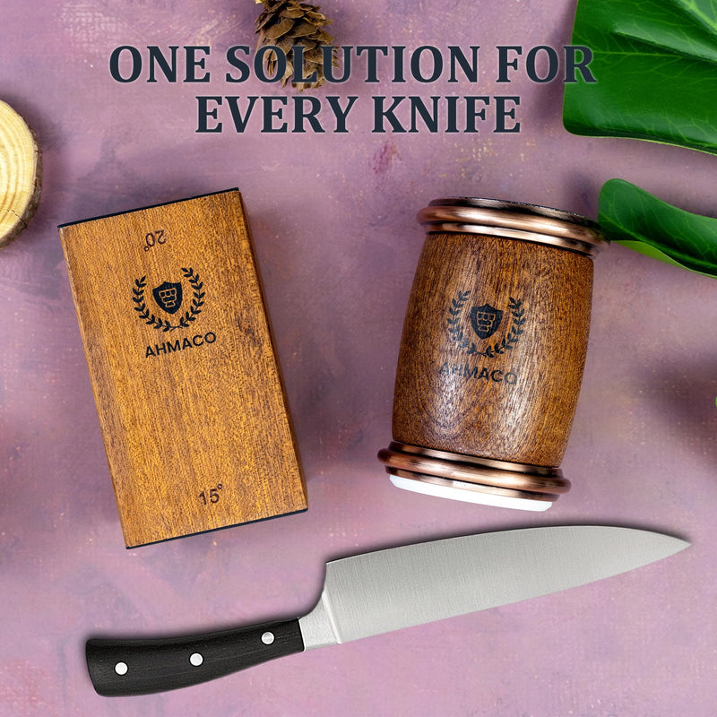 Rolling Knife Sharpener Wooden Kit - Roller Wheel Sharpener with Magnetic Holder | 400 Grit Diamond & 1000 Ceramic Disks Sharpeners | 15 & 20 Angle for Special & Standard Kitchen Knives