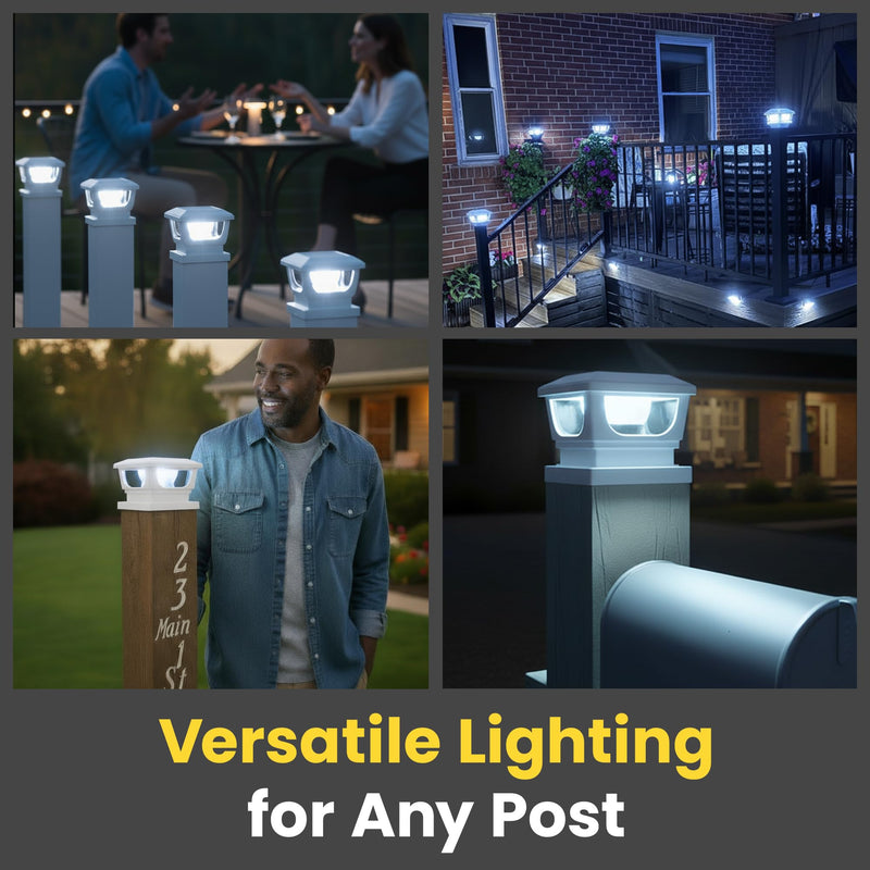 BRIGHTICONIC Solar Post Cap Lights Outdoor for 4x4, 3x3 – Auto On/Off Post Lights Solar Powered – Easy Install, IP65 Waterproof Deck & Fence Lights – Efficient 1500mAh Battery – 120 Lumen, Cool White White / Cool White 6000K - 2