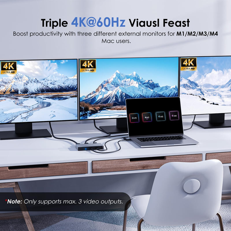 WAVLINK Triple Monitor Adapter for M1/M2/M3/M4 macOS Systems. Type-C&A Hosts, 100W PD in, 3 HDMI 2 DP Available, Triple 4K@60Hz, SMI Driver Required