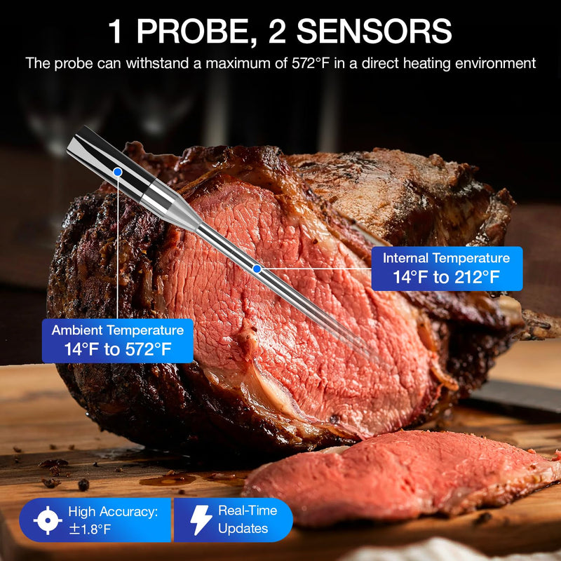 Wireless Meat Thermometer, Bluetooth Meat Thermometer with IPX7 Waterproof Probe, Extended Range, iOS & Android App, Preprogrammed Temperatures for BBQ, Grill, Smoker, Oven & Air Fryer