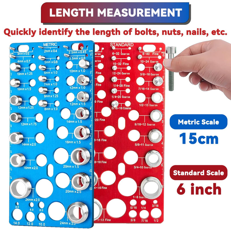 62 Nut and Bolt Thread Checker Standard and Metric Rustproof Nut and Bolt Thread Gauge with 25 Standard & 25 Metric Bolt & 12 Drill Bit Gauge, Bolt and Nut Size Finder for Quick Measurement 62 Thread Checker