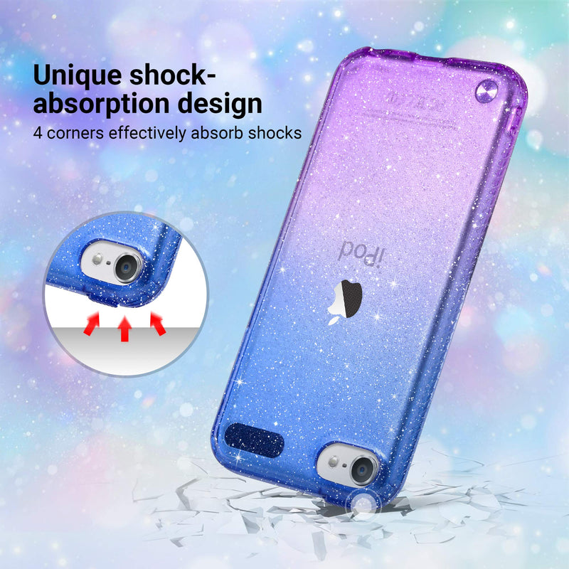 ULAK Clear Gradient Glitter Case for iPod Touch 7th/6th/5th Generation, Hybrid Slim Cute Case for Girls Women, Shockproof Anti-Scratch Soft TPU Bumper Cover for iPod Touch 7/6/5, Blue+Purple Purple