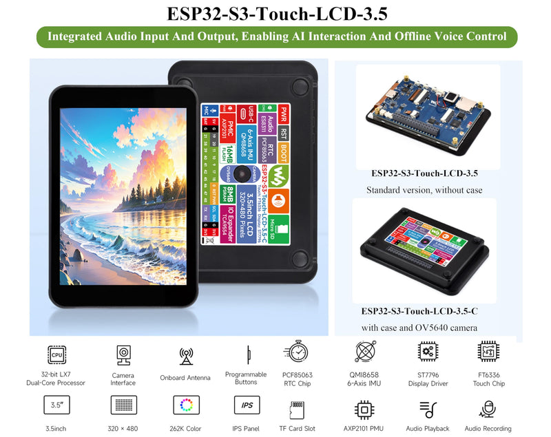 ESP32-S3 3.5inch Capacitive Touch Display Development Board, ESP32 with IPS LCD 320×480, 262K Color, Support W-Fi and BLE 5,Support AI Speech Interaction, Comes with Case and OV5640 Camera