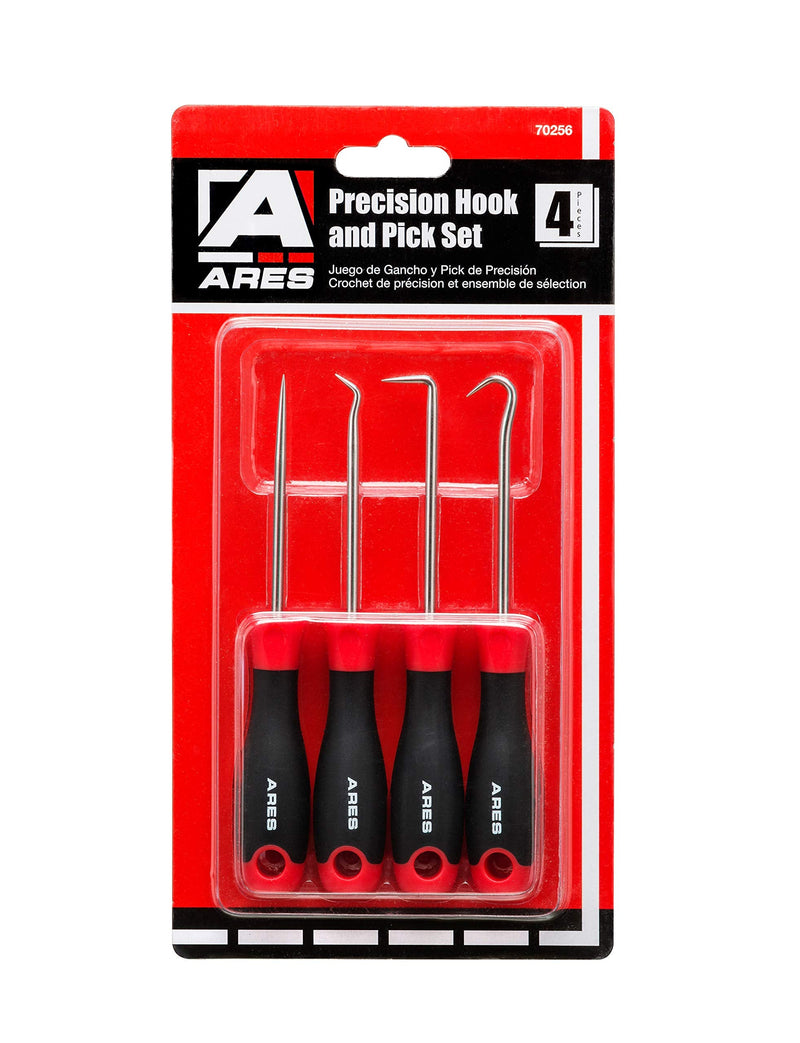 ARES 70256 - Precision Hook and Pick Set - 4-Piece Set Includes Precision 90 Degree, Hook, Combination and Straight Hooks and Picks - Chrome Vanadium Steel Shaft - Easily Remove Hoses and Gaskets