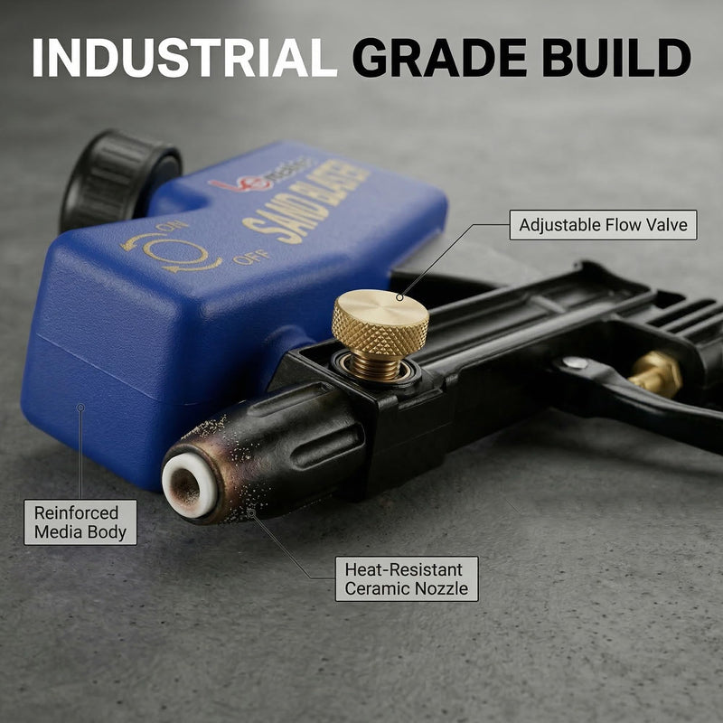 LE LEMATEC Sand Blaster Gun Kit for Air Compressor, Pistola de Arena | Portable handheld sandblaster, ceramic nozzle, 90 PSI 4 CFM, rust paint removal, auto restoration Ceramic Nozzle Blue