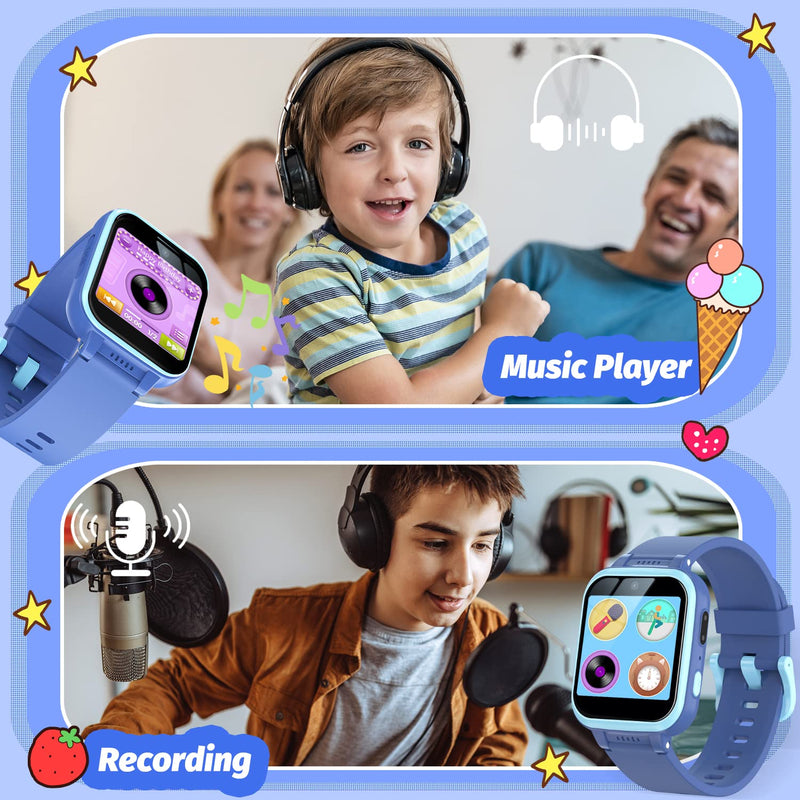 Kids Smart Watch with Puzzle Games HD Touch Screen Camera Video Music Player Pedometer Alarm Clock Flashlight Fashion Kids Smartwatch Gift for 6-13 Year Old Boys Girls Toys Blue