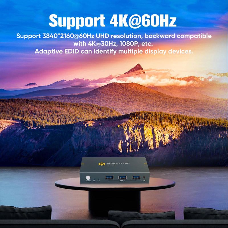 USB3.0 KVM Switch 2 Port HDMI, 4K@60Hz KVM Switch 1 Monitors 2 Computers with 3 USB3.0 Ports, HDMI KVM Switches for 2 PCs Share 1 Monitors and USB Devices, Support Button Switch, EDID