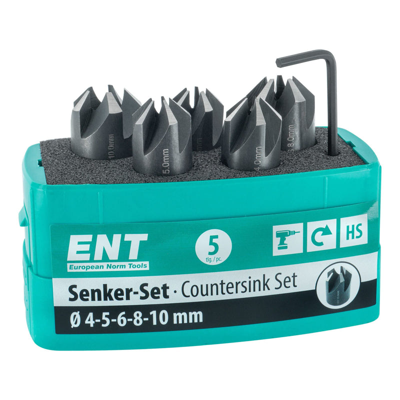 ENT 26516 5-piece countersink set HSS, diameter (d) 4, 5, 6, 8 and 10 mm, e 90°, right 5-piece. Set Ø 4 - 10 mm