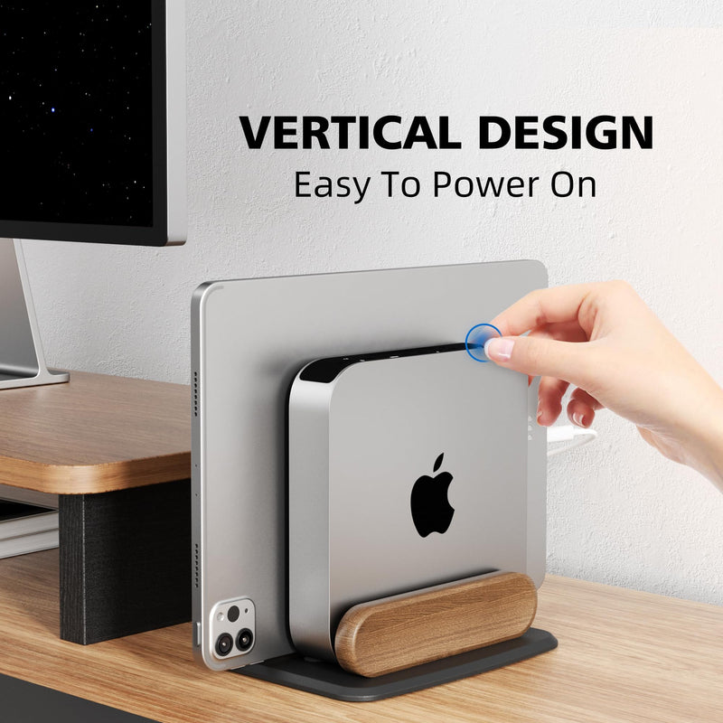 Mac mini Vertical Stand, Universal Aluminum & Wooden Desktop Holder for 2010-2024 M1/M2/M2 Pro/M4/M4 Pro, Cooling & Space-Saving Design