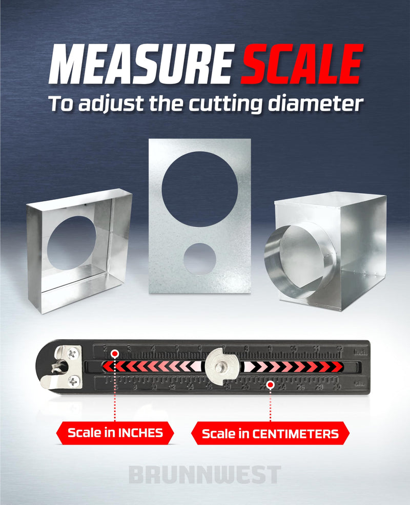 Adjustable Sheet Metal Hole Cutter with 4 Extra BITS, Sheet Metal Circle Cutters, Metals Holes Saw, HVAC Ductwork/Duct Hole Cutter - Cut 2-12” Circles Holes in 24Ga Steel and 26Ga Stainless Hole Cutter + 4 Extra Drill Bits