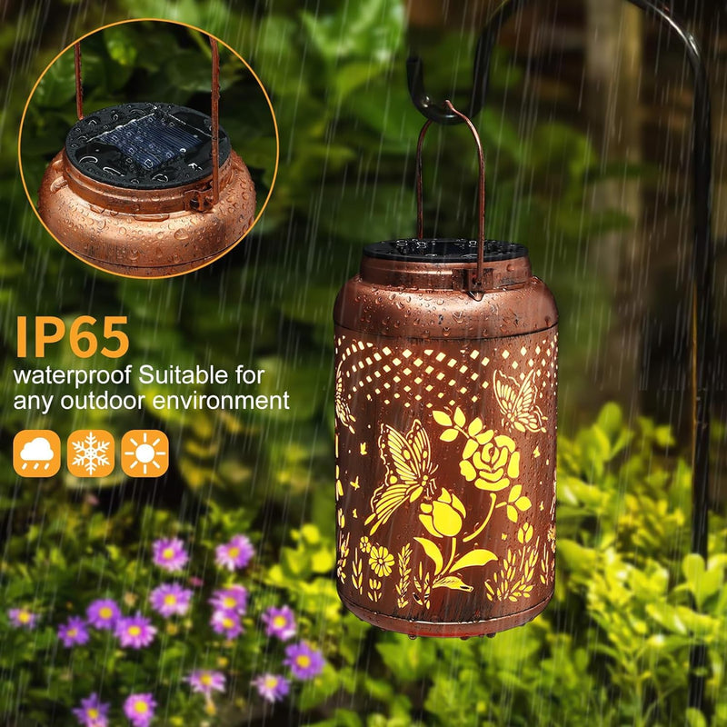 2 Pack Solar Lanterns Outdoor Waterproof, Butterfly Rose Garden Decor Birthday Gifts for Women Mom Grandma Hanging Solar Lights Metal Solar Decoration Outside for Yard, Patio, Lawn 2