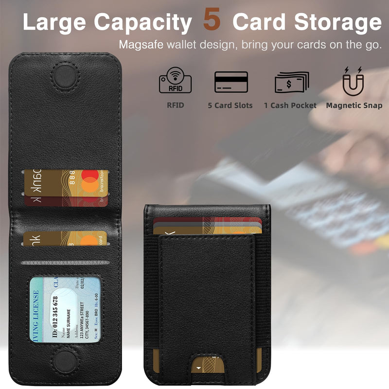LOHASIC Designed for MagSafe Wallet, RFID Protection Magnetic Wallet 5 Card Holder with Stand, Vegan PU Leather Mens Phone Wallet for iPhone 15/14/ 13/12 Series, Not for iPhone 13/12 mini - Black