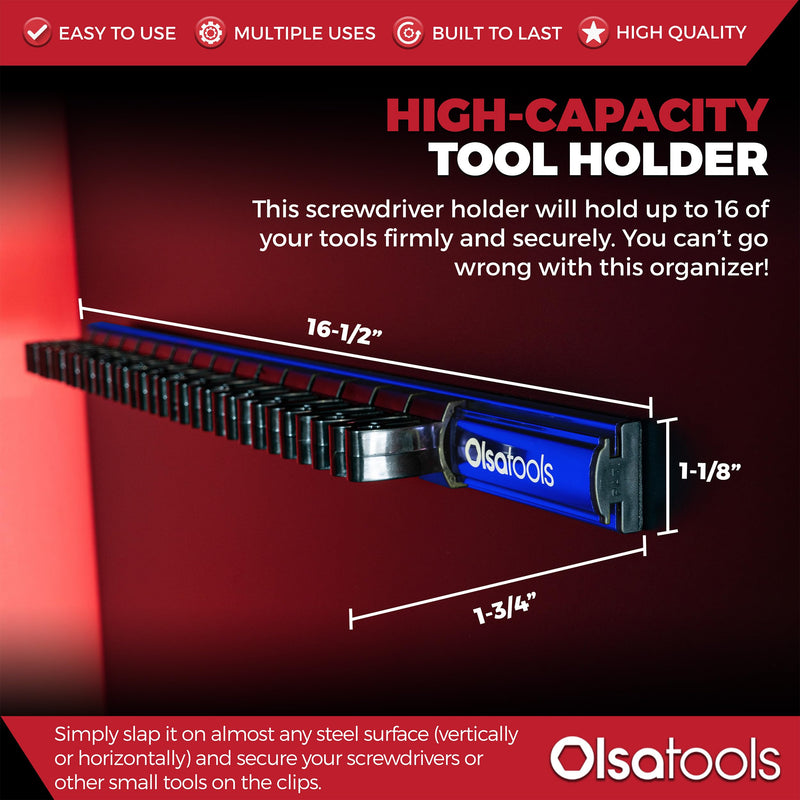 Olsa Tools Magnetic Screwdriver Organizer - Screwdriver Holder with Strong Magnets and Foam Backing - Professional Tool Holder and Tool Organizer - Stores up to 16 Screwdrivers - Blue - Part: 1114 1 piece Blue Organizer / Black Clips
