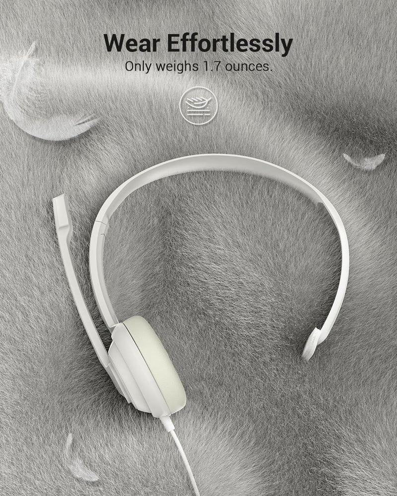 HW02 USB Headset with Microphone Noise Cancelling &in-line Control, Super Light, Ultra Comfort Computer Headset for Laptop pc, On-Ear Wired Office Call Center Headset for Boom Skype Webinars（White） White 3.5+USB