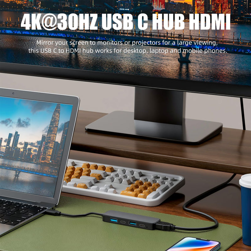 5-Port USB 3.0 Hub with 4K HDMI - Dual USB-A/C, 5Gbps Data Transfer for MacBook Pro/Air, iPad Pro, iPhone 15, iMac, XPS, ThinkPad & More - Ideal for Flash Drives & Portable Hard Disks (Tpcy-C)