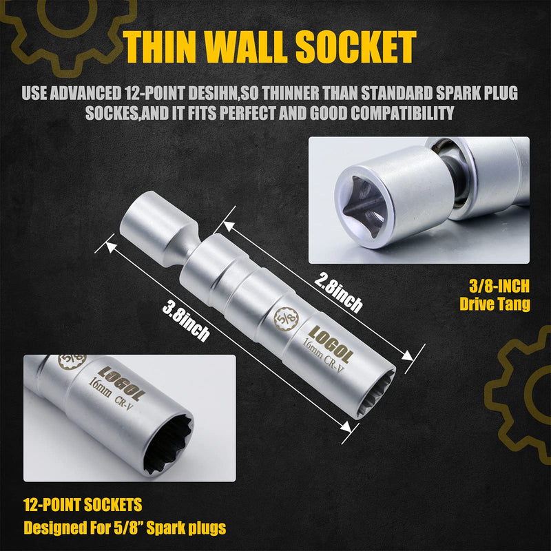 5/8" Swivel Magnetic Spark Plug Socket.3/8" Drive, Enhanced Magnetic Design with Thin Wall Socket ?Cr-V Steel 5/8"×4"