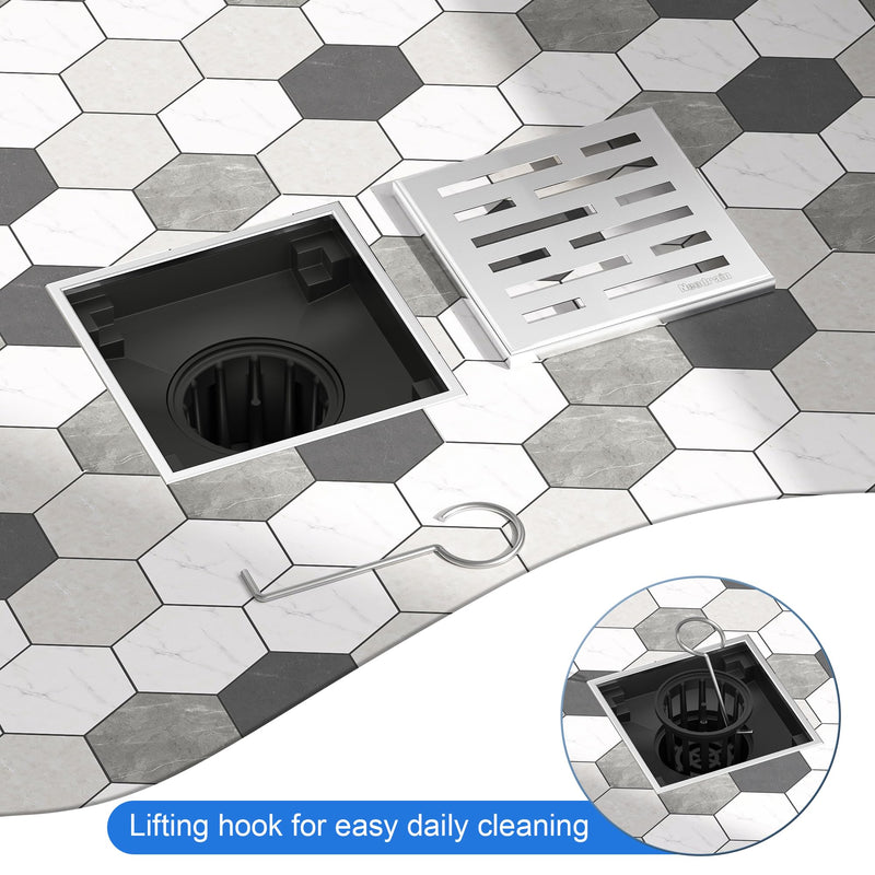 Neodrain Square Shower Drain, 4 inch Stainless Steel 304 Grate and PVC Drain Body, Brick Pattern Grate with Brushed Nickel Finish, Kit Includes Hair Trap/Strainer,Lifting Hook and PVC Drain Base Brushed-ps01 4 In