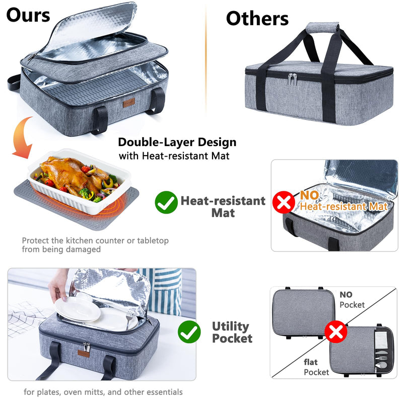BAGSPRITE Insulated Casserole Carrier for Hot or Cold Food with Heat-resistant Mat, Casserole Dish Carrier Insulated Food Carrier, Hot Food Carrier, Foil Pan Carrier Fits 9" x 13" Baking Dish Grey Style A