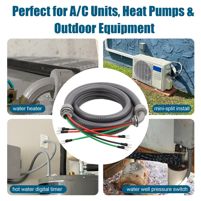 6FT Non-Metallic Liquid-Tight Conduit Kit, 1/2" Pre-Wired Electrical Whip with 3×10AWG THHN Copper Wires & Pre-Installed Terminals, 90° & Straight Connectors, Outdoor HVAC A/C Wiring 6 ft With Terminals