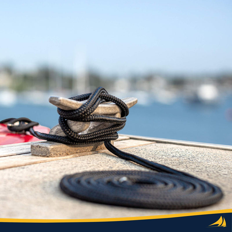 Premium Double Braided Nylon Dock Lines w 12” Eyelet & Bundle Ties - For Boats, Marine Rope, Boat Accessories - Black Black - 2 Pack 15' x 3/8"