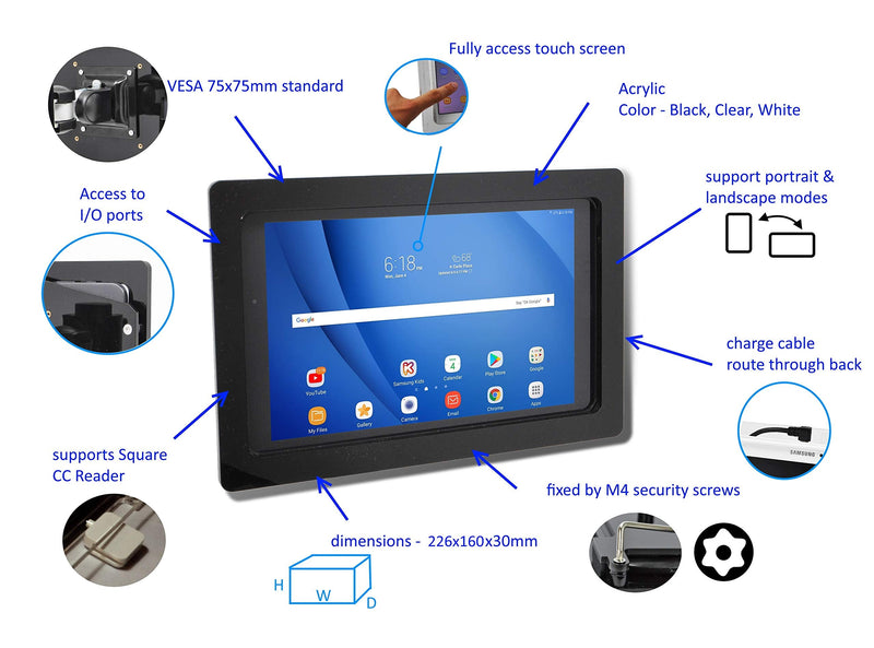 TABcare Security Anti-Theft Acrylic VESA Enclosure for Samsung Galaxy TAB A 10.1 2019 SM-T510 with Wall Mount Kit (Black, TAB A 10.1 2019) Black
