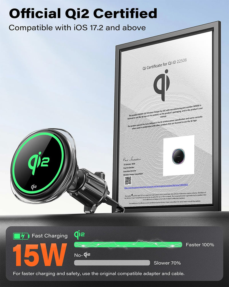A2C Qi2 15W Wireless Car Charger CD Mount for MagSafe, Magnetic Wireless Charger for Car Air Vent | CD Slot with Semiconductor Cooling Chip, Fast Charging for iPhone 17 16 15 14 13 12, LED Indicator
