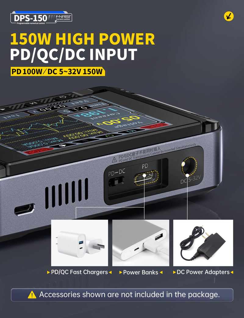FNIRSI DPS-150 DC Power Supply Variable, 30V 5A Adjustable DC CNC Power Supply with 4-Digit IPS Display, <20mV Power Ripple, PD/QC/DC Input, PC Programmable Switching Power Supply (NO Power Adapter)