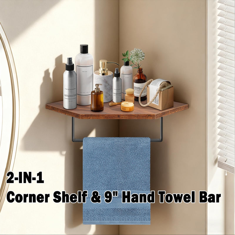 Hand Towel Holder/Towel Ring with Wooden Shelf, Hand Towel Rack, Hand Towel Hanger for Bathroom, Bath Accessories Wall Mounted, (Matte Black, 9.2"-Diamond Shaped) Matte Black
