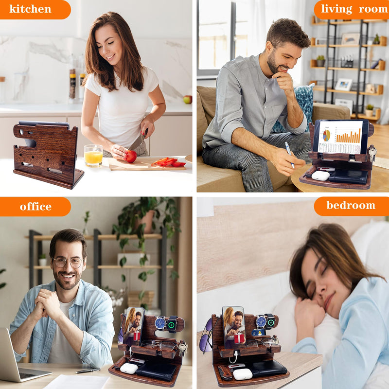Gifts for Men Women Dad Husband Boyfriend Wood Phone Docking Station Nightstand Organizer for Men Birthday Gifts (Dark Brown) dark brown