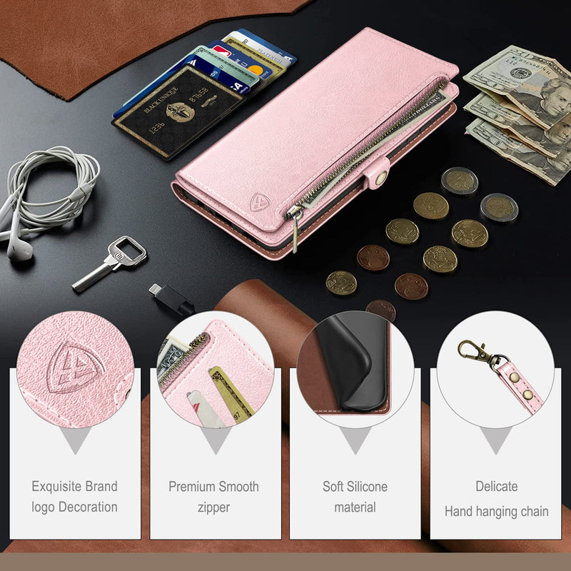 XcaseBar for Moto G 5G 2024/G Play 2024 Wallet case with Zipper Credit Card Holder【RFID Blocking】,Flip Folio Book PU Leather Phone Shockproof Cover Women Men for Moto G Play 2024 case Rose Gold