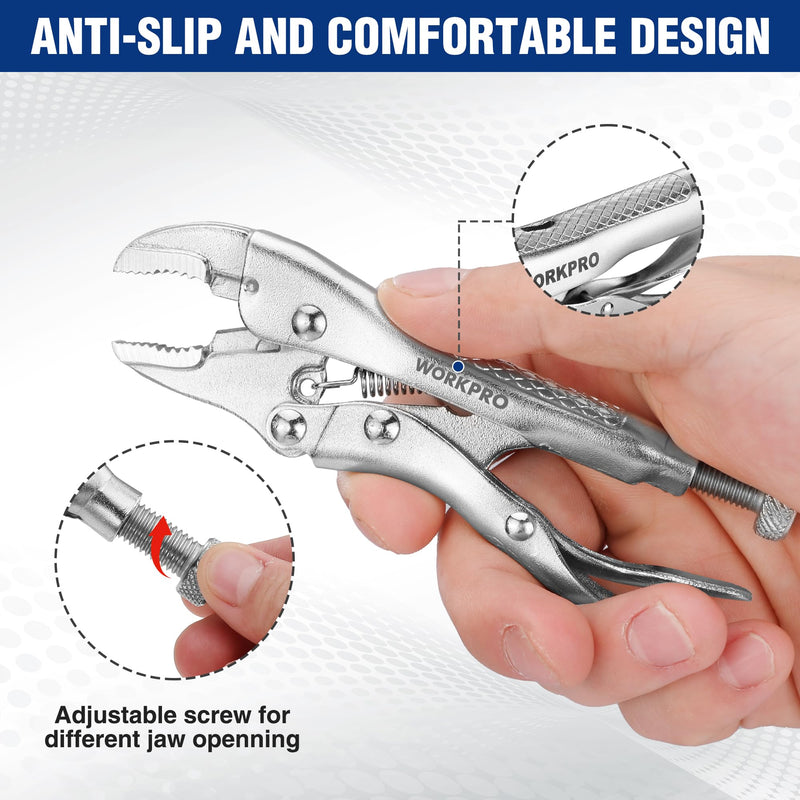 WORKPRO Locking Pliers, 4-inch Curved Jaw Vice Grips pliers, Chromium-Vanadium Steel Locking Pliers with Wire Cutter, Locking Adjustable Vise Grips for Clamping Twisting Welding 4"