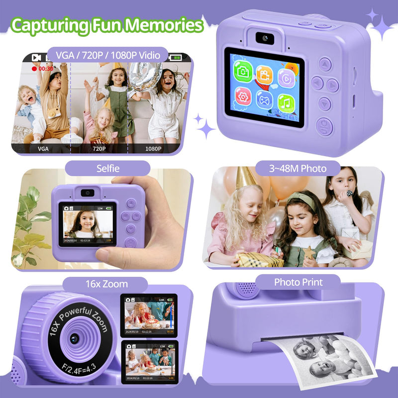 Kids Camera Instant Print Portable Dual-Lens Selfie Cameras with Print Paper & 32G Card, Photo 1080P HD Toddler Digital Printing Camera for 4 5 6 7 8 9 10 Years Old Girls Boys, Purple