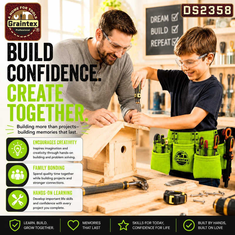 Graintex DS2358 :: 9 Pocket Children Tool Belt Lime Green Color Suede Leather, Kids Real Tool Belt, Boys and Girls Tool Apron for Home Improvement, 1.1/2" Leather Belt, Hammer Loops 9 Pockets