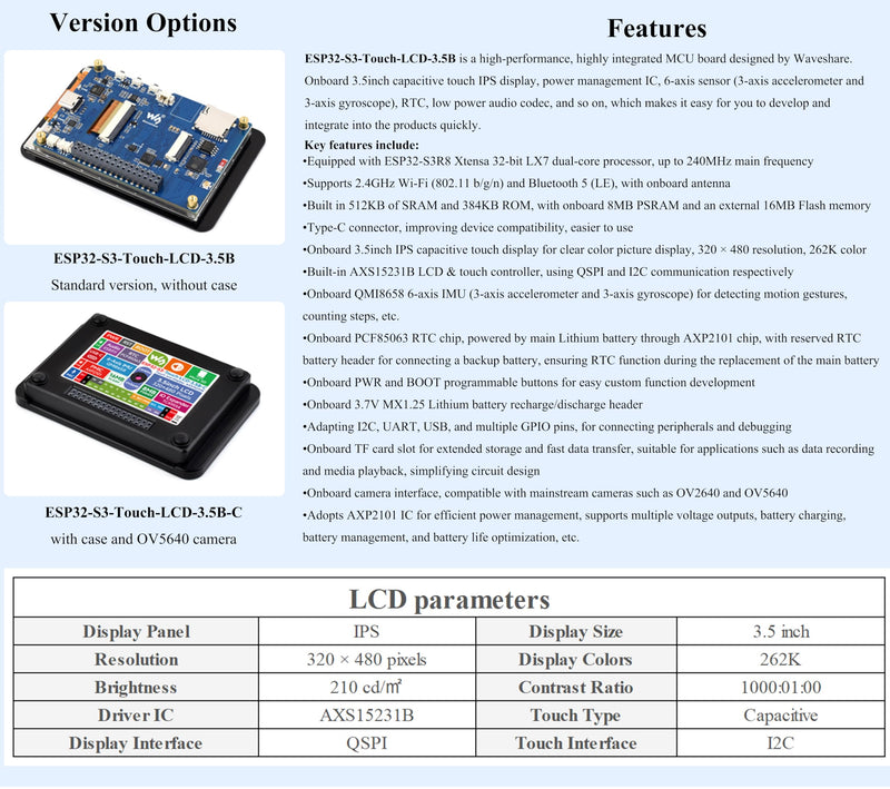ESP32-S3 3.5inch Capacitive Touch Display Development Board, 320×480 IPS, QSPI I2C Interface, Wi-Fi&BLE 5, ESP32 with Display, Supports AI Speech Interaction and Offline Voice Control, with Speaker