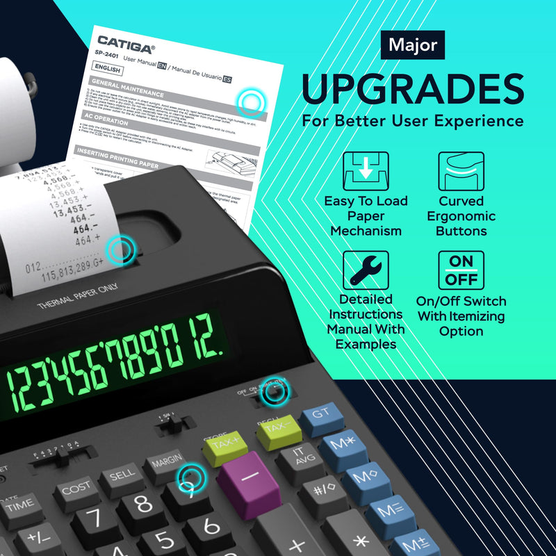 CATIGA 12 Digit Thermal Printing Calculator with Tape Print Out, Ink-Free Adding Machine, 5X Faster Quite at 8.0 LPS, Extra Large Fluorescent Display, Tax Calculation with Clock and Calendar, SP-2401 Black