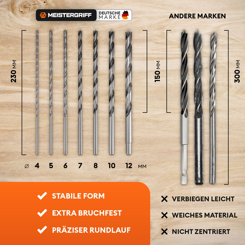 MEISTERGRIFF® wood drill set long [7 pieces] - Extra sharp drill bits - Stable & break-resistant auger drill bit - Ø 4, 5, 6, 7, 8, 10, 12 mm 230 mm