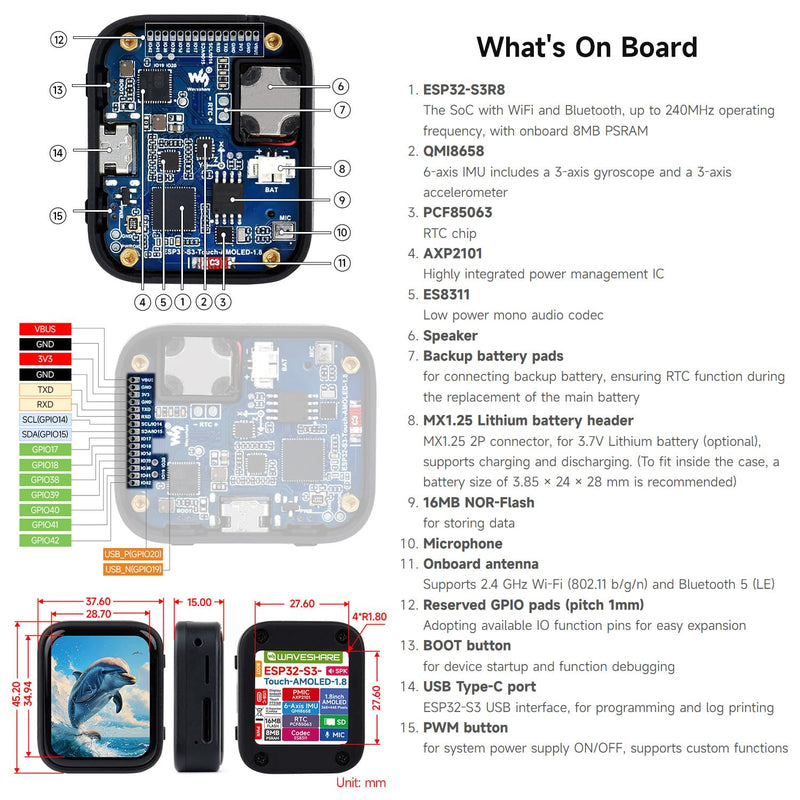 Waveshare ESP32-S3 1.8inch AMOLED Touch Display, Embedded with SH8601 Display Driver and FT3168 Capacitive Touch Chip, ESP32 with Display,32-bit LX7 Dual-core, 368×448 Pixels, Without Lithium Battery